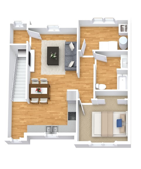 A 3D floor plan of a house showing a living room, kitchen, and bedrooms.